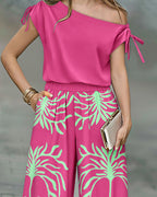CHICME Women's 2 Piece Set Skew Neck Drawstring Top and High Waisted Wide Leg Tropical Print Pants with Pockets