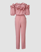 Frill Trim Off Shoulder Short Sleeve Tie Waist Overalls Casual Textured Jumpsuit