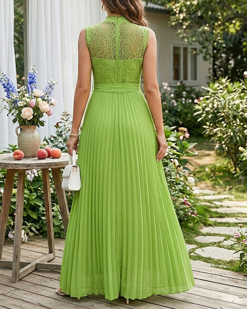 Mock Neck Sleeveless high Waist Pleated Maxi Dress Elegant Lace & Braided Spliced Zipper Back Evening Dress with Belt