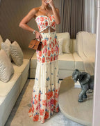 Floral & Butterfly Print Frill Trim Bandeau Tied Detail Ruched Mermaid Hem Dress Elegant Cutout Front Shirred Ruffle Hem Vacation Dress