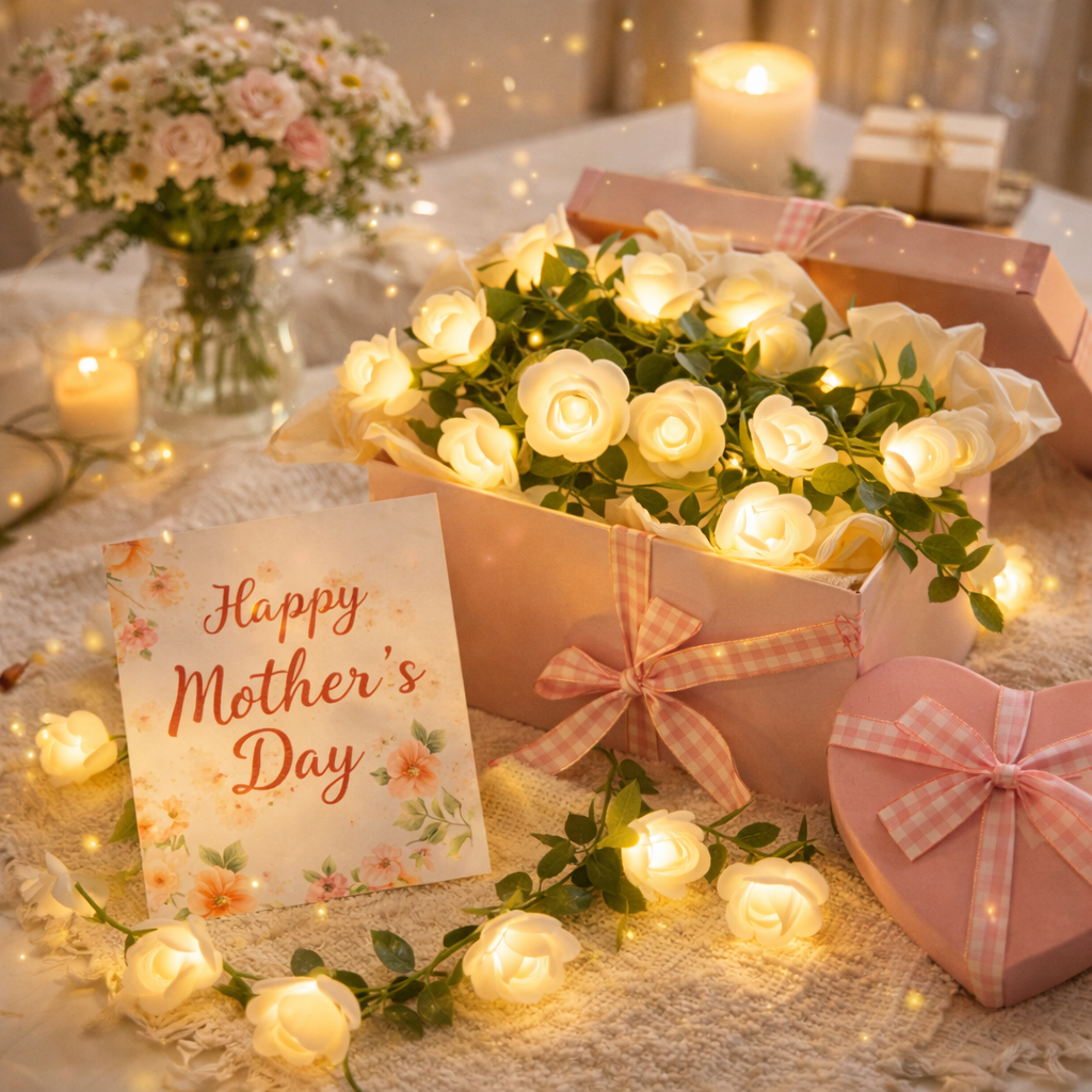 White Rose Vine String Lights with Remote – Cozy Home Decor & Mother’s Day Gift
