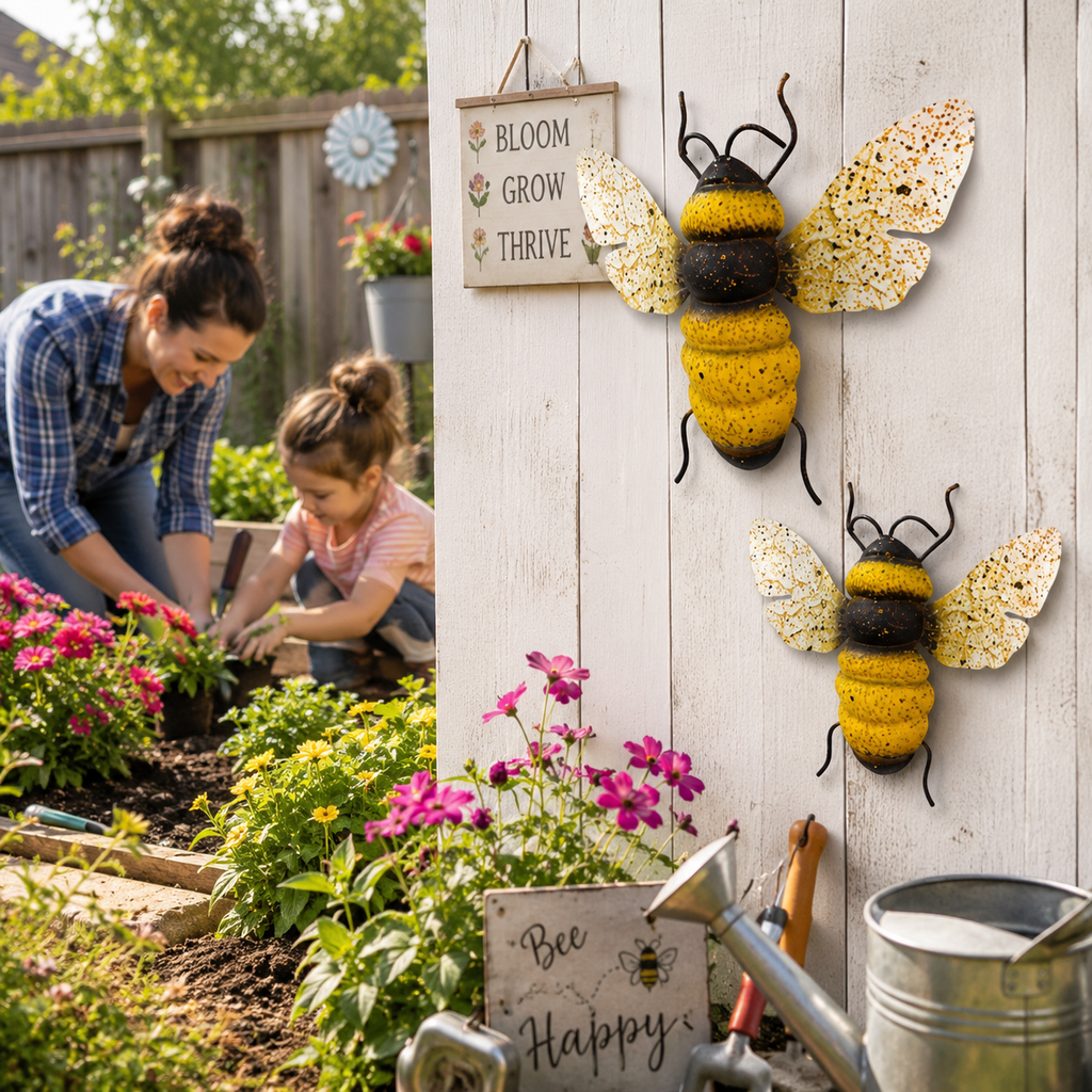2-Piece Painted Bee Wall Decor Set – Rustic Metal Bee Garden & Porch Decorations