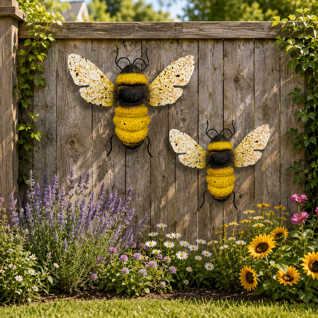 2-Piece Painted Bee Wall Decor Set – Rustic Metal Bee Garden & Porch Decorations