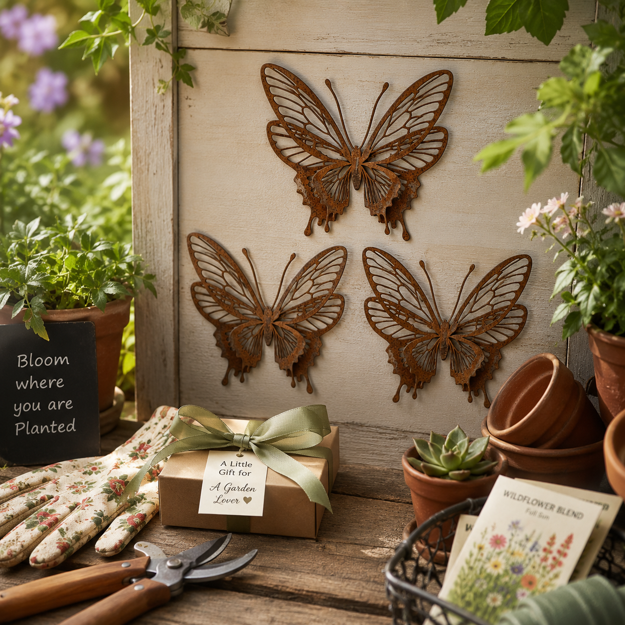3D Rustic Metal Butterfly Garden Wall Decor – Set of 3