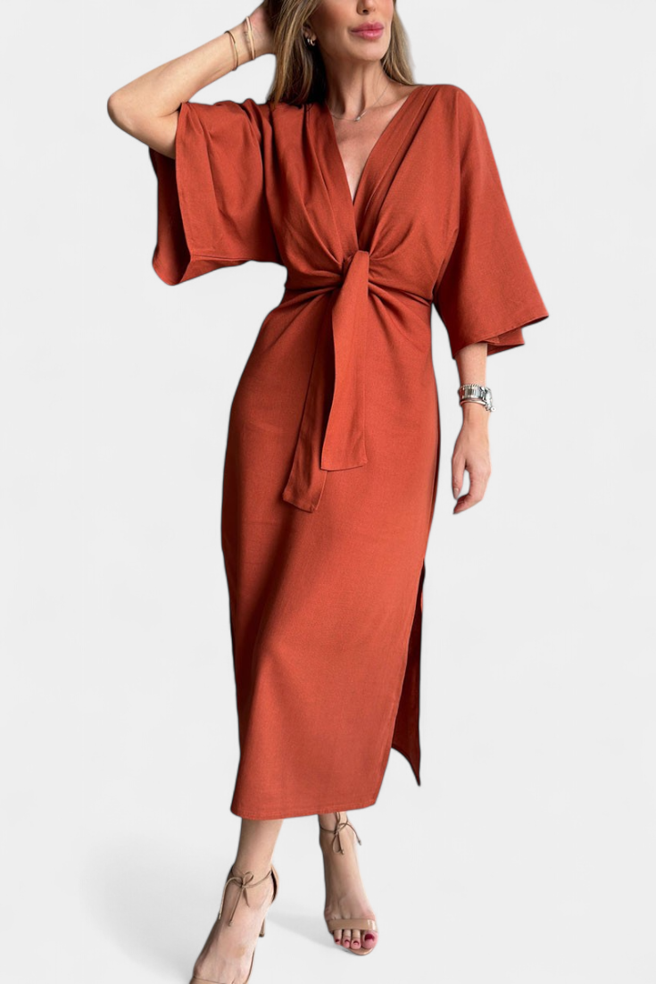 Ainhoa Casual Dress with Knot Front and Plunging Neckline