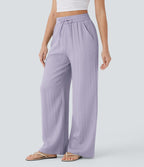Women Summer High Waisted Drawstring Pocket Wide Leg Casual Linen-Feel Pants