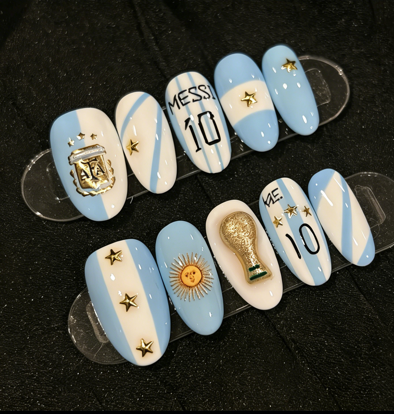 🏆⚽🔥World Cup Argentina Team Nail Art: Short, Medium, and Long Styles—Messi-Inspired Blue and White Hand-Painted Soccer Match Team Nails