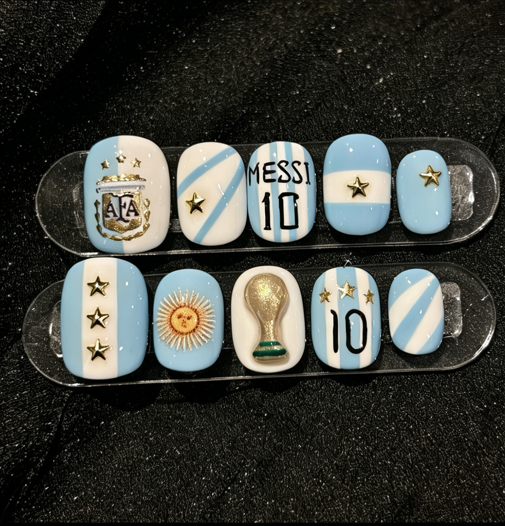 🏆⚽🔥World Cup Argentina Team Nail Art: Short, Medium, and Long Styles—Messi-Inspired Blue and White Hand-Painted Soccer Match Team Nails