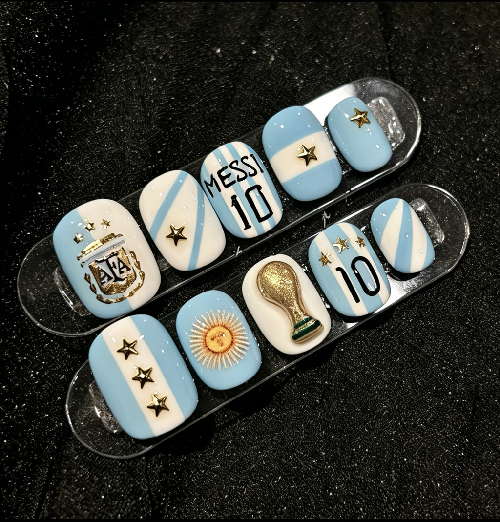 🏆⚽🔥World Cup Argentina Team Nail Art: Short, Medium, and Long Styles—Messi-Inspired Blue and White Hand-Painted Soccer Match Team Nails