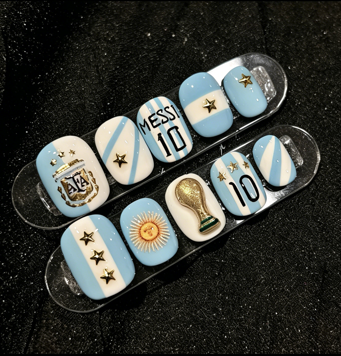 🏆⚽🔥World Cup Argentina Team Nail Art: Short, Medium, and Long Styles—Messi-Inspired Blue and White Hand-Painted Soccer Match Team Nails