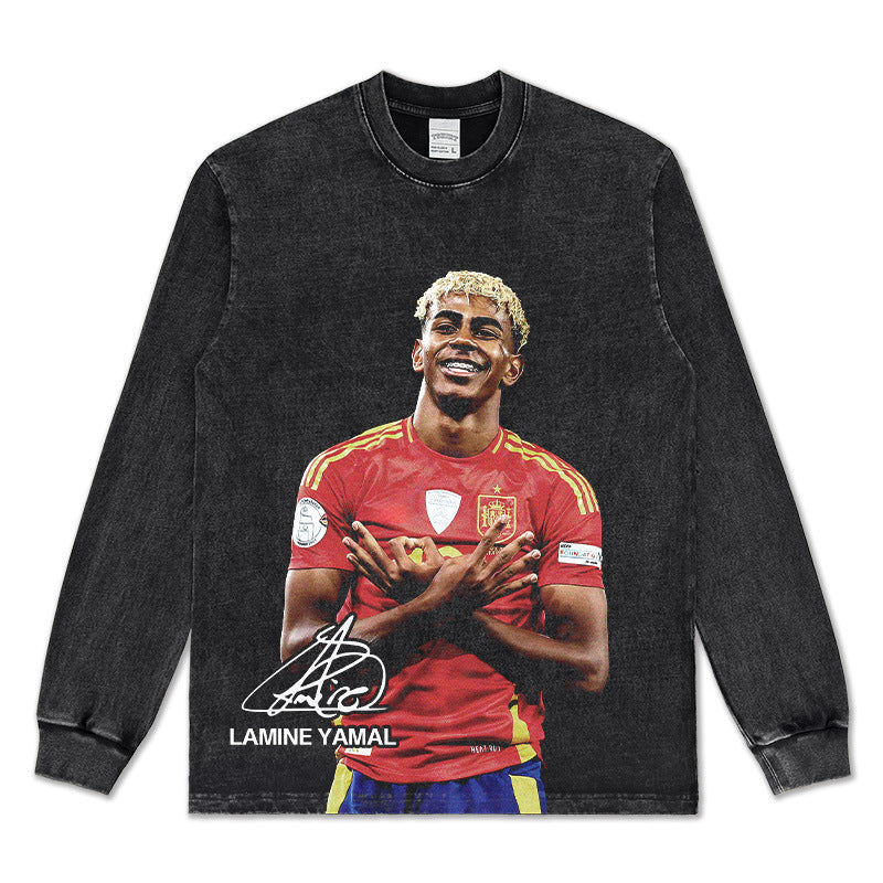 🏆⚽🔥2026 New Yamal Printed, Washed, Distressed Heavyweight 100% Cotton Long-Sleeve T-Shirt