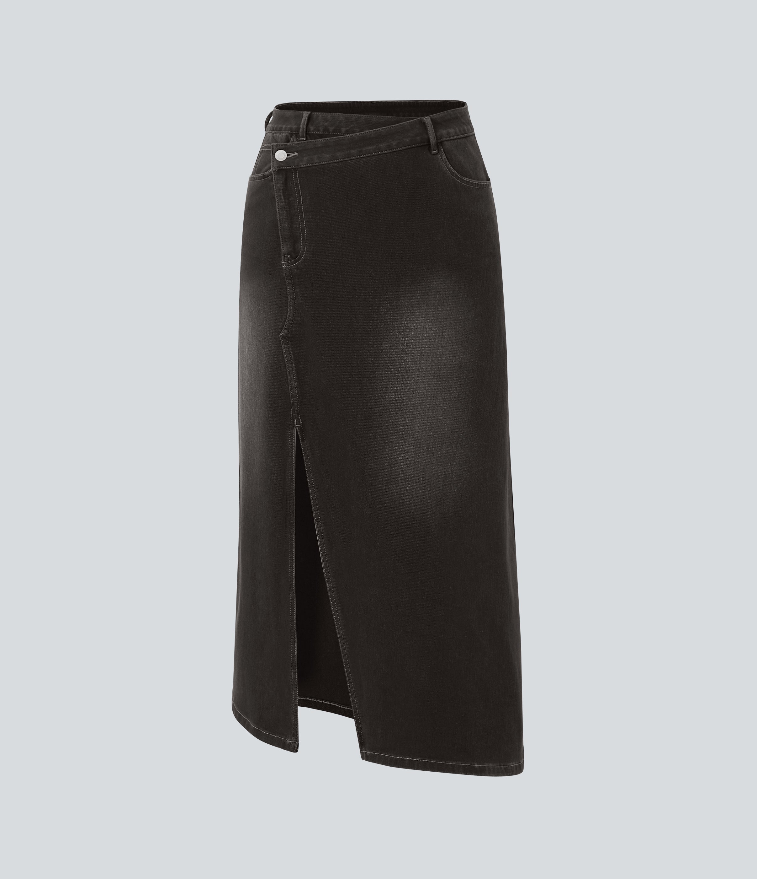 FlexTM Asymmetric Mid Rise Denim Maxi Casual Skirt with Pockets