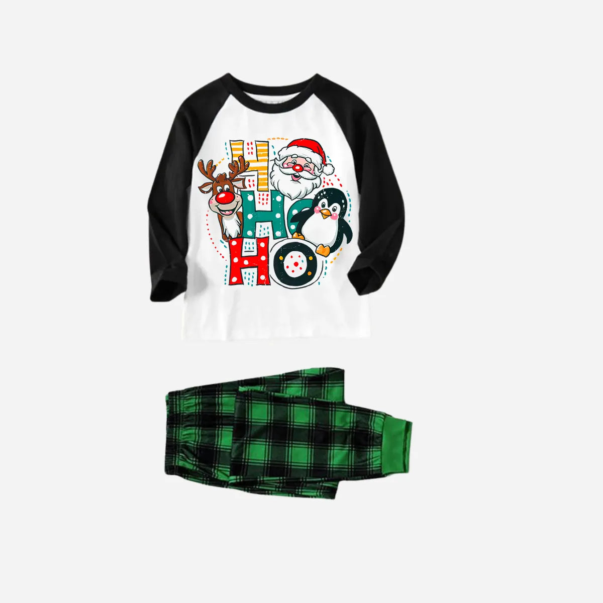 Black Raglan Top Green Plaid Christmas Pajamas Set With "HO HO HO" Pattern Print