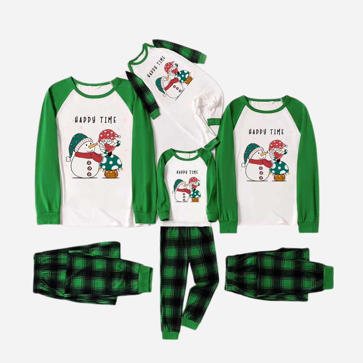 Green Raglan Top Green Plaid Christmas Pajamas Set With Snowman and Gnome and "Happy Time" Text Print