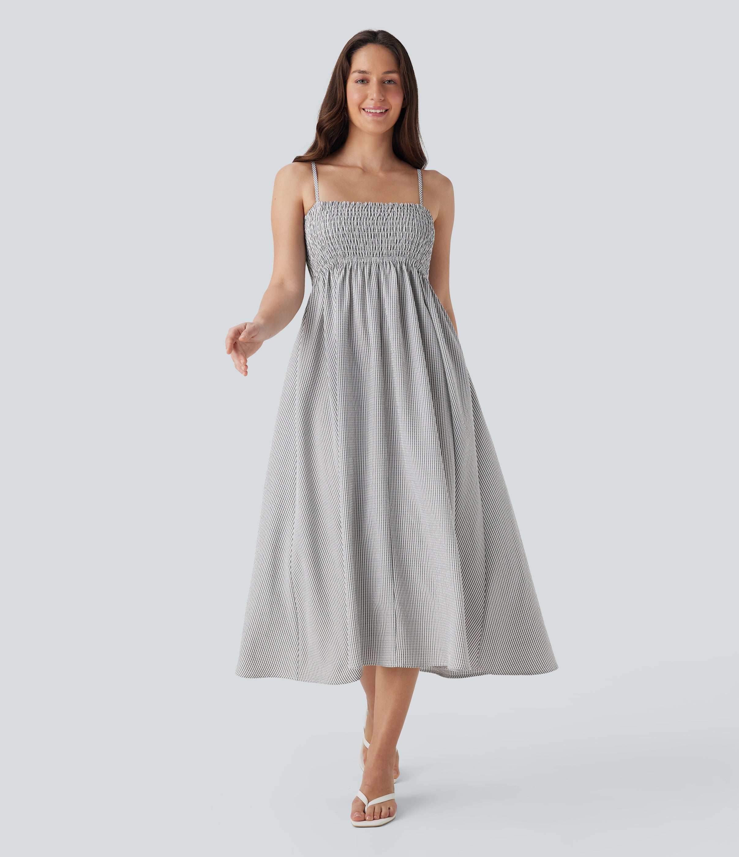 Shirred Stripe Midi Slip Dress with Pockets