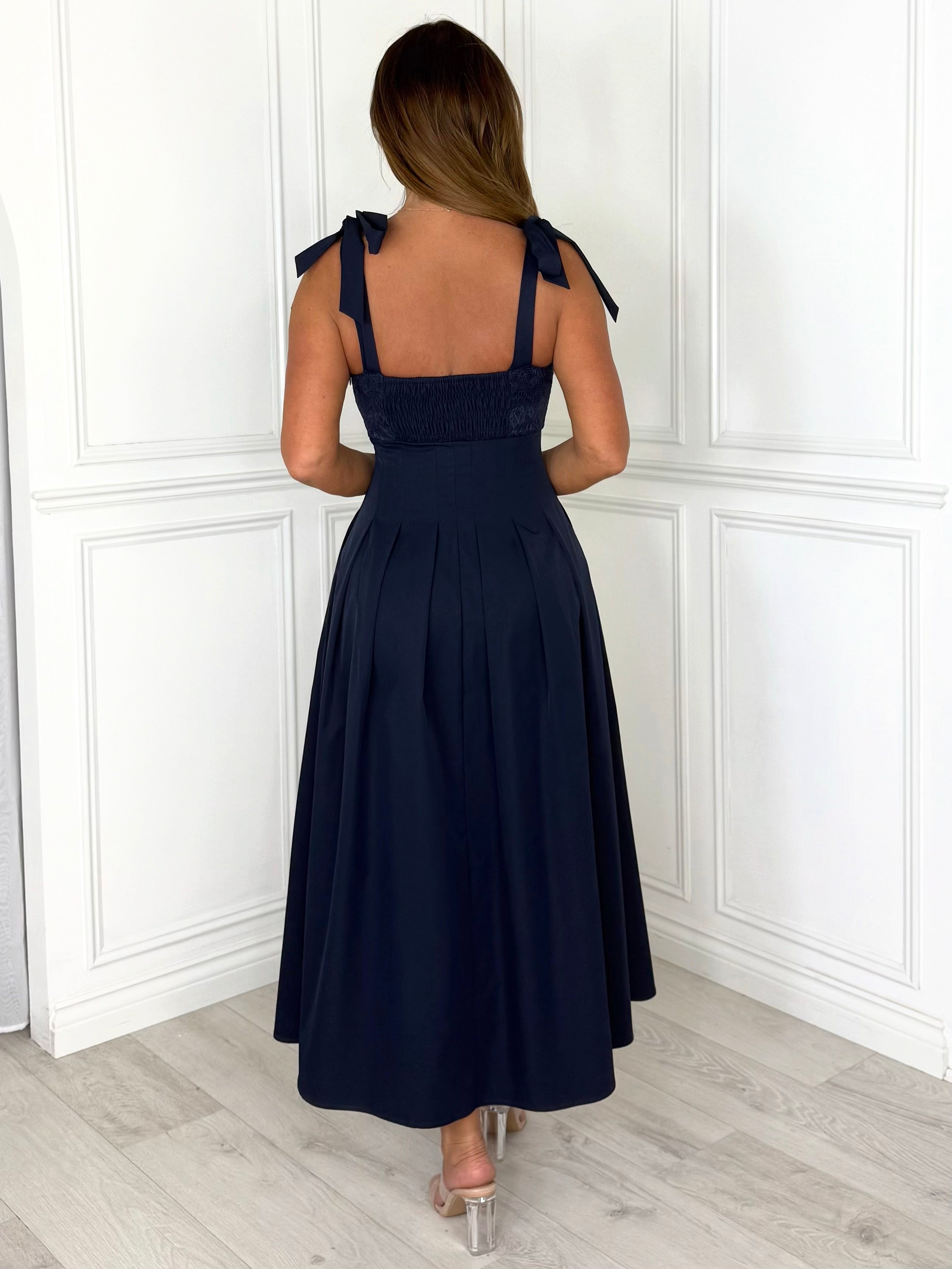 Riviera - Lace Tie-Shoulder Midi Dress (Navy)
