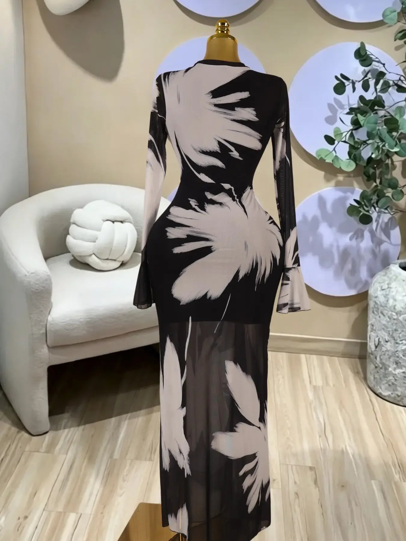 Elegant Women's Printed Long Sleeves O-Neck Tiered Bodycon Long Prom Dress, Fashion Street Vacation Party Outfit Evening Gown, Lady Casual Dresses,Female Brunch Dresses