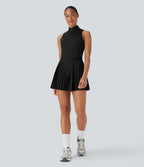 BreezefulTM Sleeveless Cut Out 2-in-1 Pleated Quick Dry Mini Tennis Active Dress with Pockets