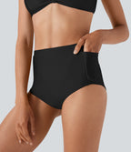 High Waisted Tummy Control Sheen Bikini Bottom Swimsuit with Pockets