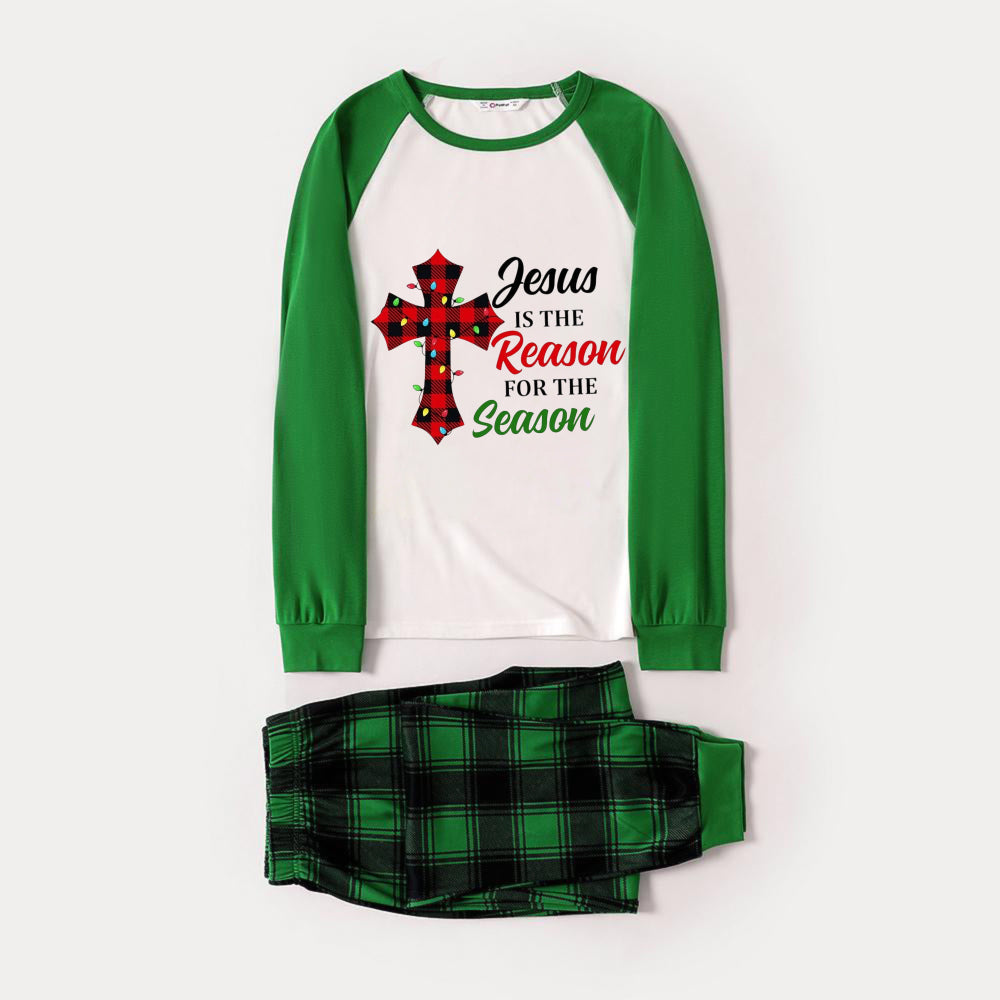 Green Raglan Top Green Plaid Christmas Pajamas Set With "Jesus Is The Reason For The Season" Slogan Print