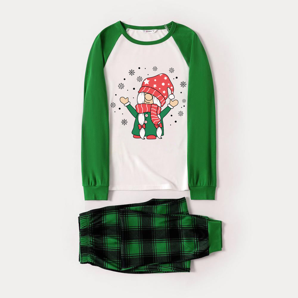 Green Raglan Top Green Plaid Christmas Pajamas Set With Cute Gnome Print