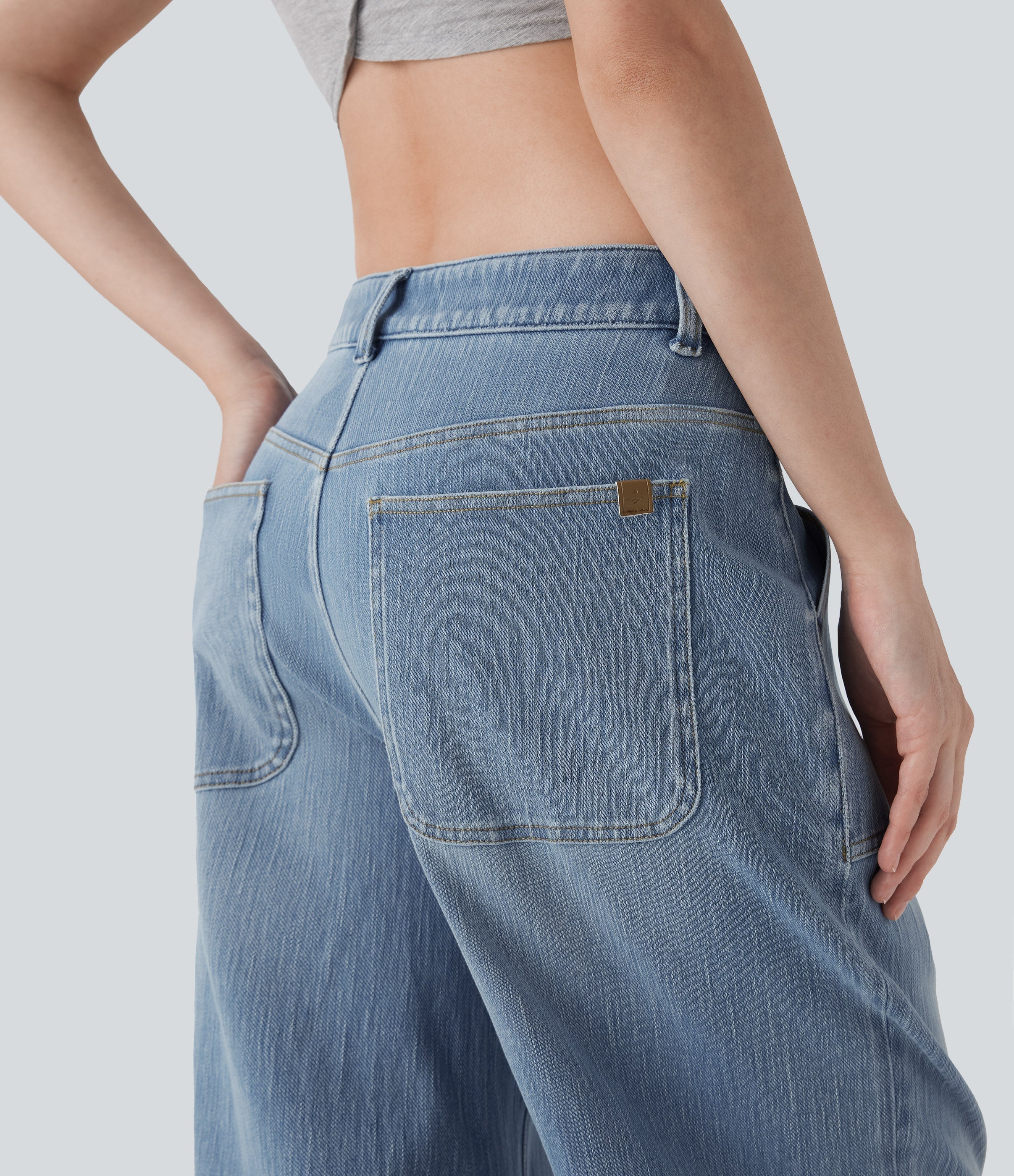 FlexTM Low Rise Rolled Hem Washed Casual Baggy Jeans with Pockets