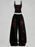 Women's Casual Tank Top Set, Slim-Fit U-Neck Vest and Loose Long Pants, Spider & Spider Web Print, Y2K Street Style