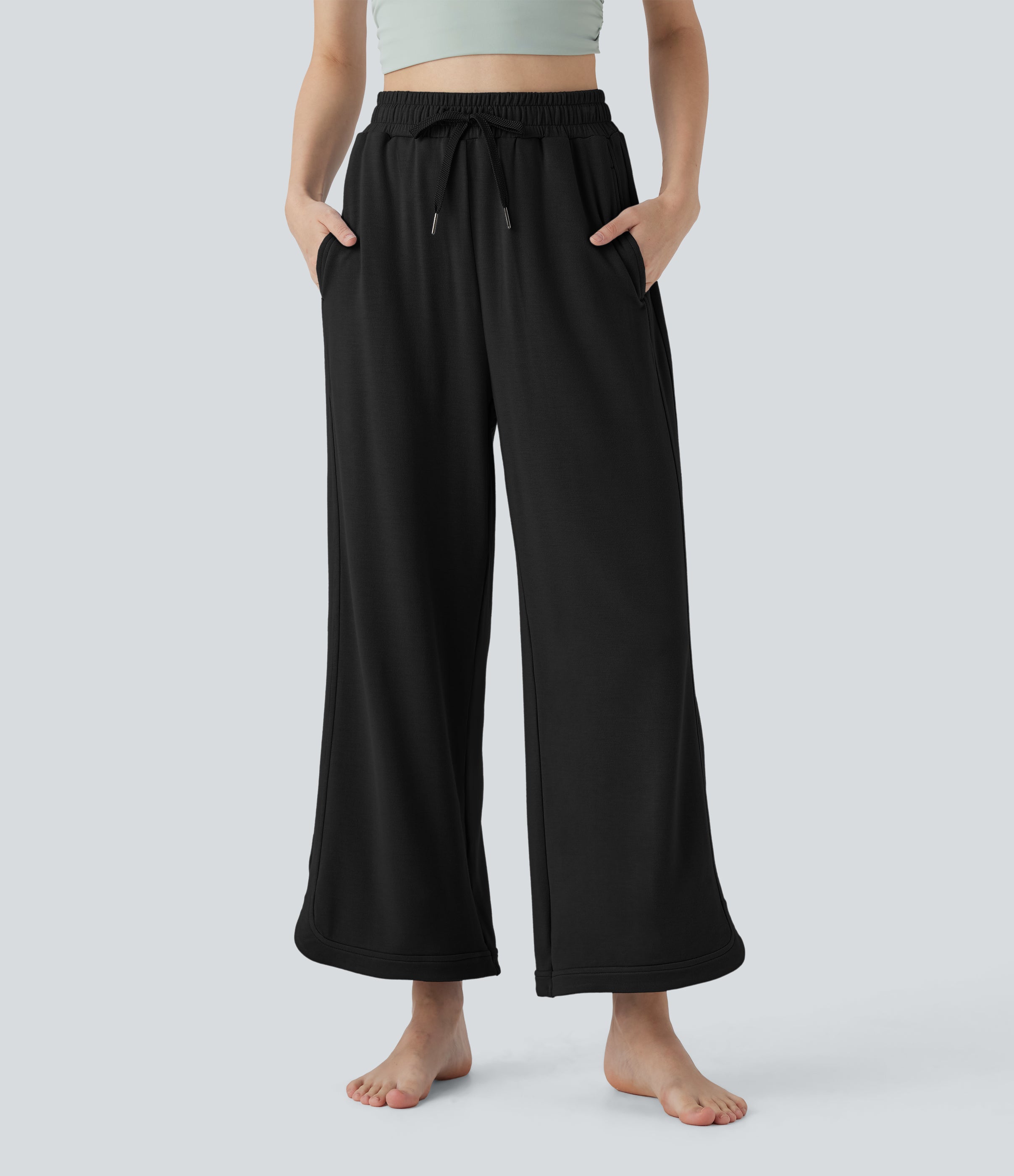 High Waisted Drawstring Curved Hem Straight Leg Yoga Pants with Pockets