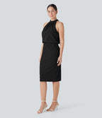 SoftlyZeroTM Airy Halter Tie Back Cool Touch Midi Work Dress with Pockets-UPF50+
