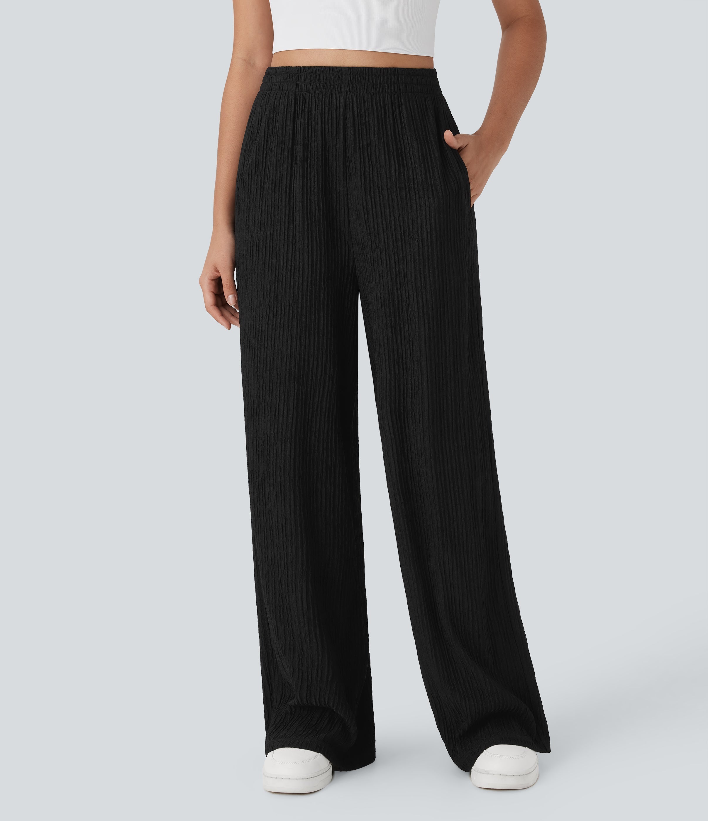High Waisted Straight Leg Crinkle Casual Pants with Pockets