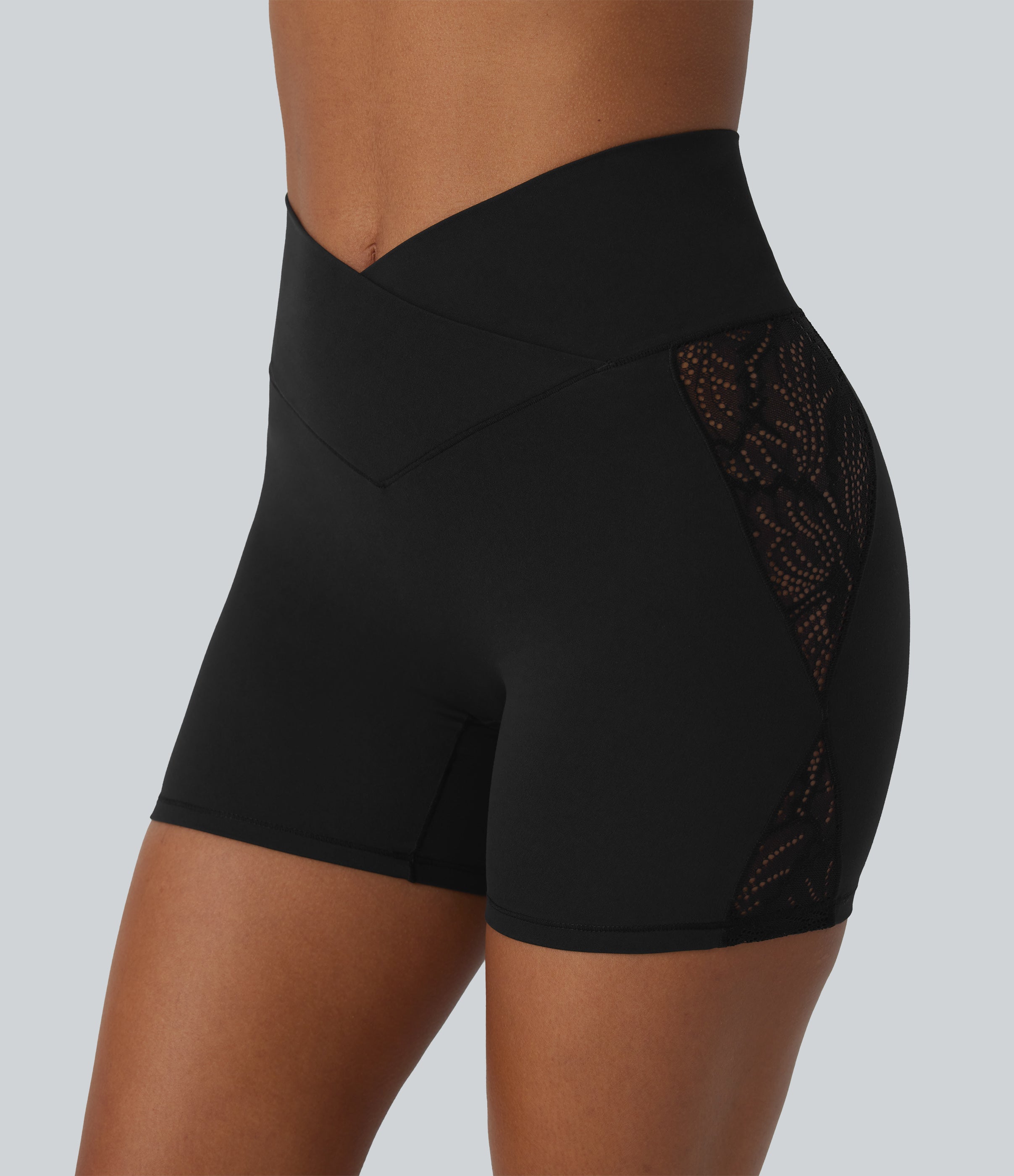 SoftlyZeroTM High Waisted Crossover Contrast Lace Built-in Underwear Yoga Biker Shorts 5'' with Pocket-UPF50+