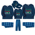 Christmas Family Matching Pajamas-Navy & Sky Blue Plaid Pjs Set with "Family Christmas 2025" and Santa Pattern Print