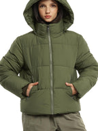 Warm Core Premium Short Puffer Jackets with Removable Hood & Optional Faux Fur Linging, Lady Casual Outerwear Longsleeves Zip Pockets Warm Quilted Coat