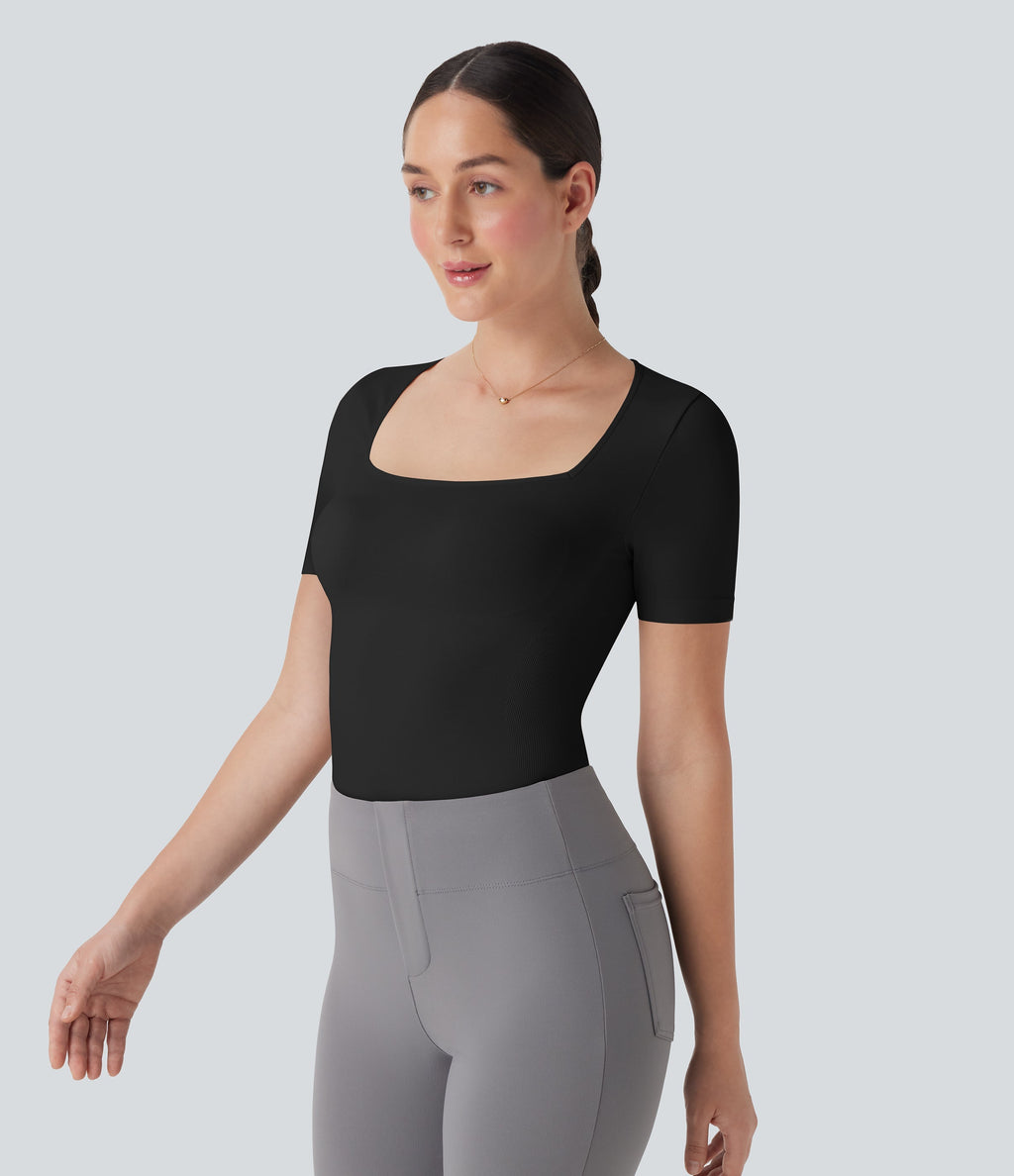 Seamless Flow Smoothing Square Neck Adjustable Leg Straps Work Bodysuit-Easy Peezy