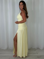 Round Neck Ruched Gold Buckle Side Split Maxi Dress (6 Colours)