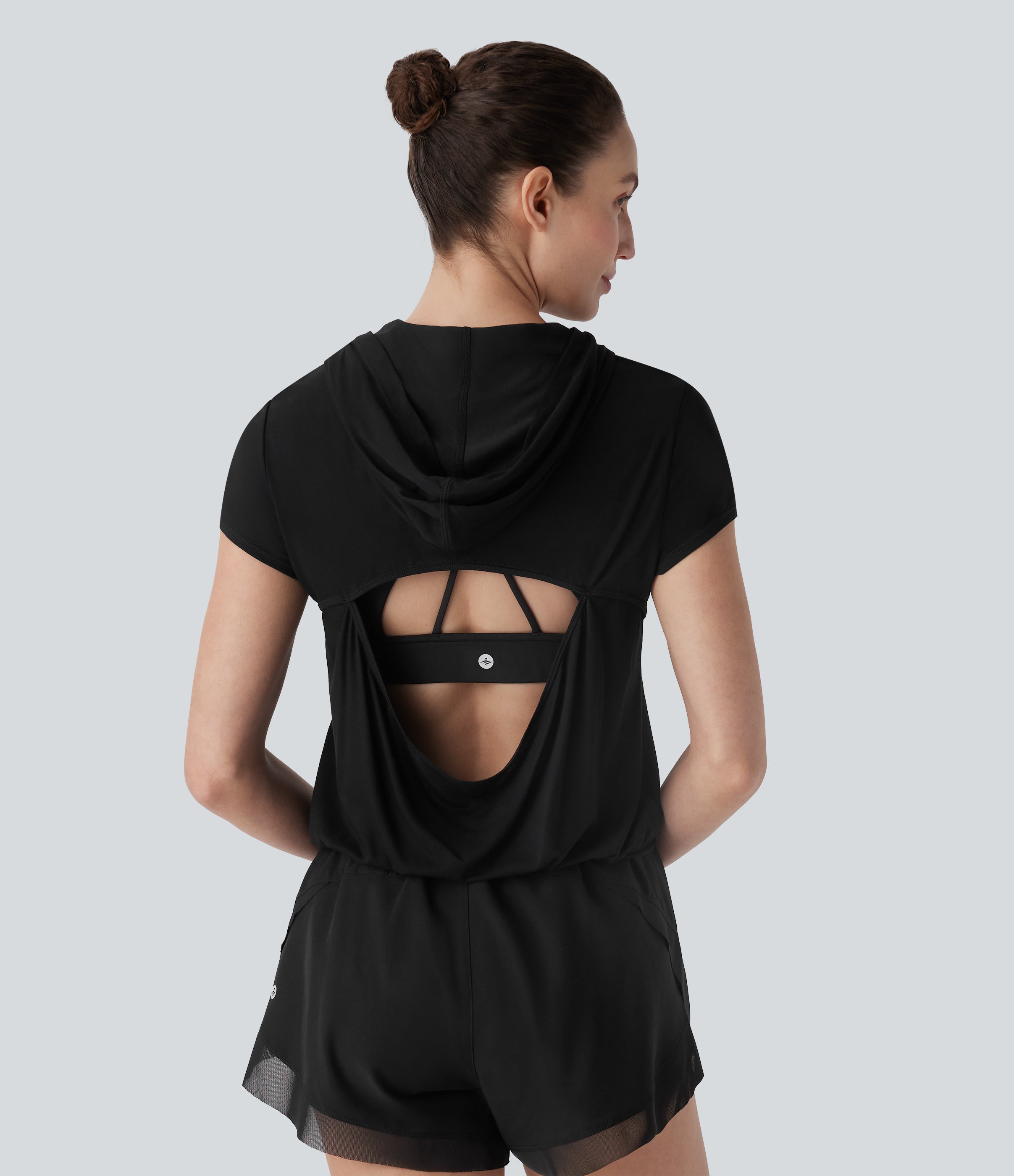 Hooded Short Sleeve Cut Out Yoga Sports Top
