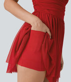 Ruched Tiered Mesh Overlay 2-in-1 Mini Dance Slip Active Dress with Pocket-Easy Peezy