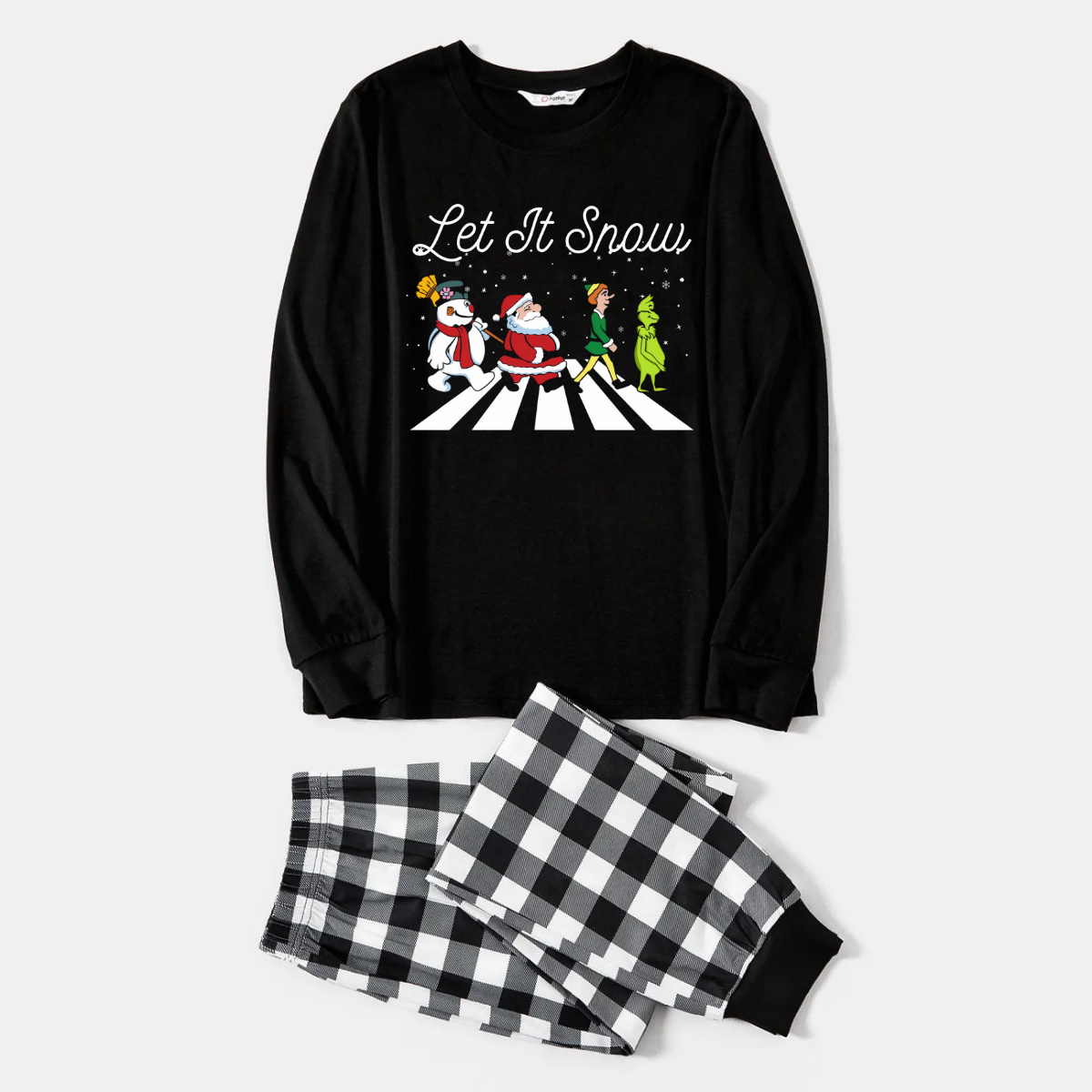 Couple Black and White Plaid Christmas Pajamas Set with Santa Claus and Cartoon Pattern Print