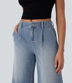 FlexTM Mid Rise Capri Wide Leg Washed Casual Jeans with Pockets