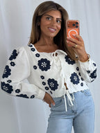 Embroidered Flower Tie Up Top