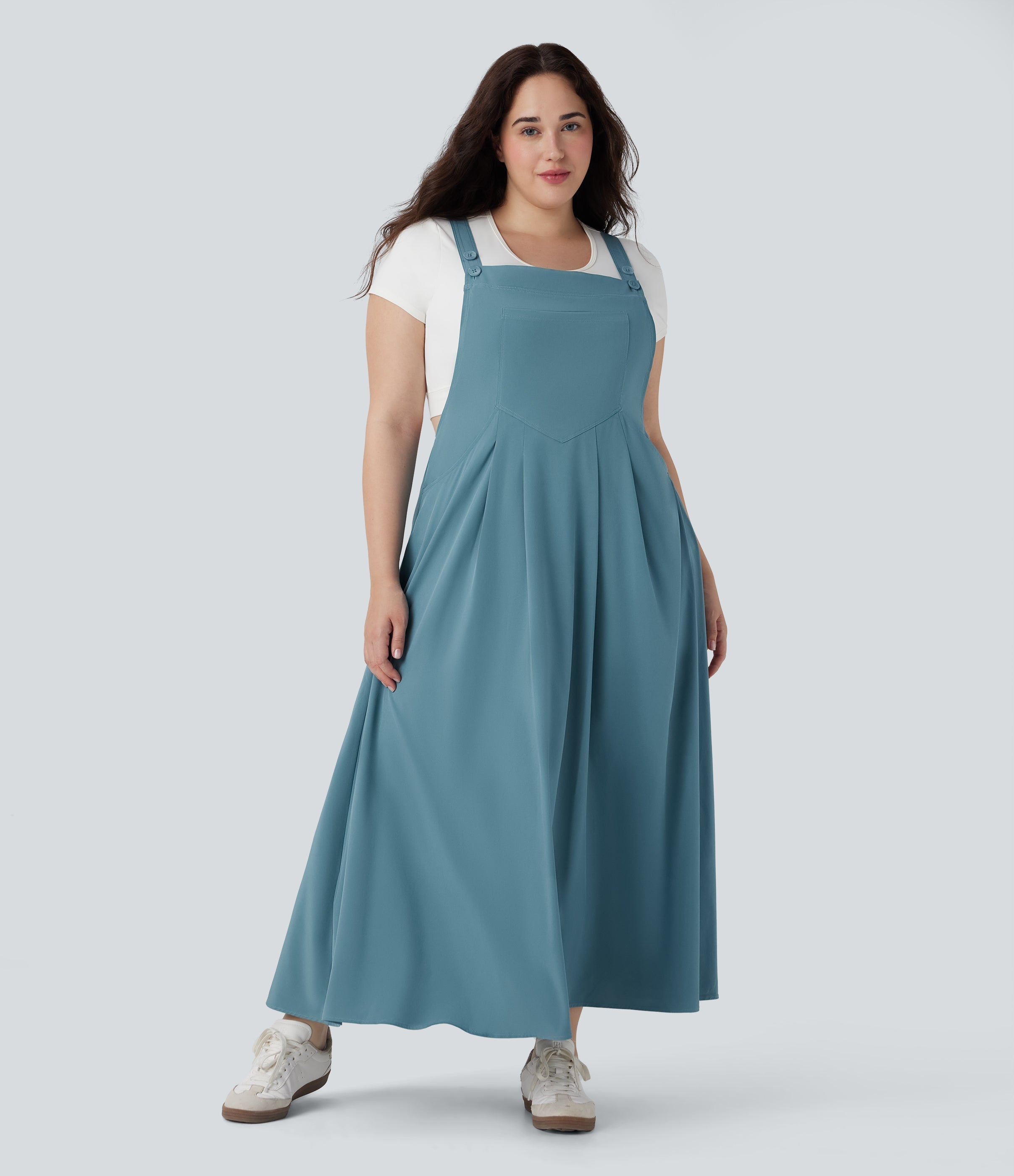 BreezefulTM Flowy Quick Dry Midi Casual Plus Size Pinafore Dress with Pockets