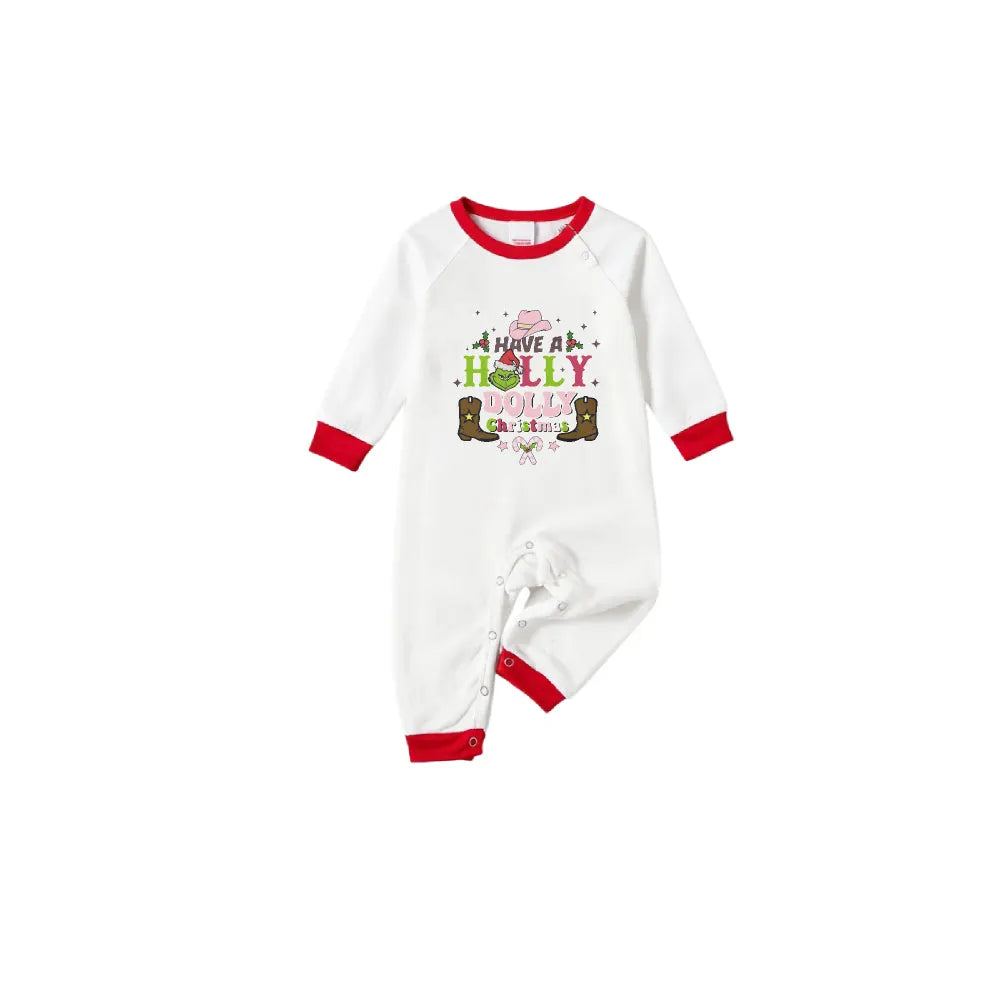 Family Christmas White Pajamas Set With Holly Dolly Pattern Print
