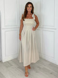 Riviera - Lace Tie-Shoulder Midi Dress (Beige)
