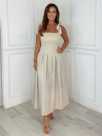Riviera - Lace Tie-Shoulder Midi Dress (Beige)
