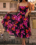 Vintage Oil Painting Floral Print Cowl Neck Adjustable Spaghetti Straps A Line Dress Elegant Cinched Waist Zipper Back Party Dress