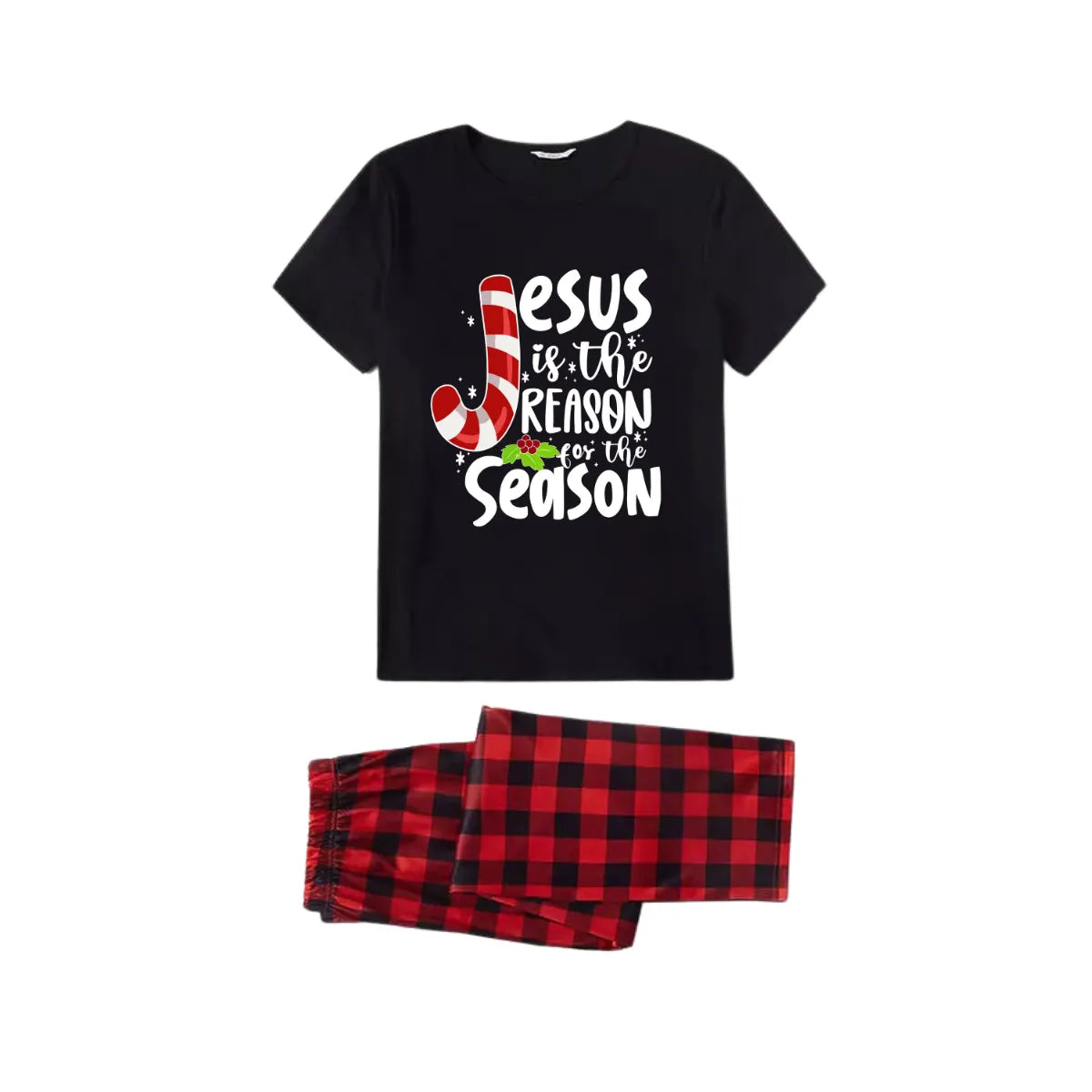 Jesus is the Reason Family Pajamas Set - Black Top Red Pants Red Plaid Sleeves Candy Cane and Holly Print