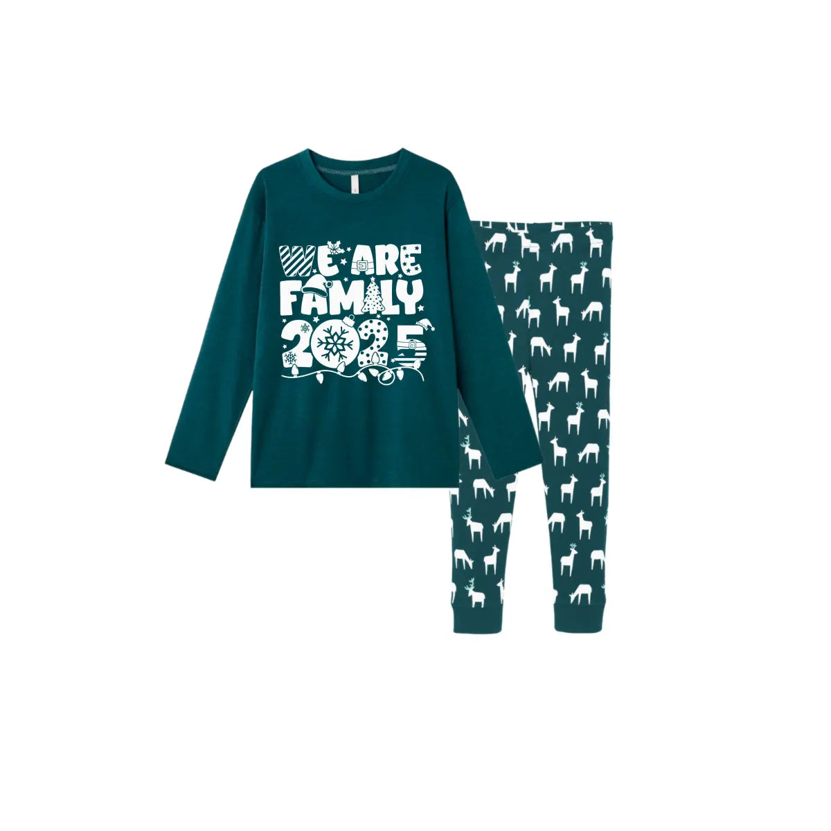 Christmas Family Matching Pajamas-Dark Green&Deer Patterned Pjs Set with "We Are Family 2025" Christmas Slogan Print