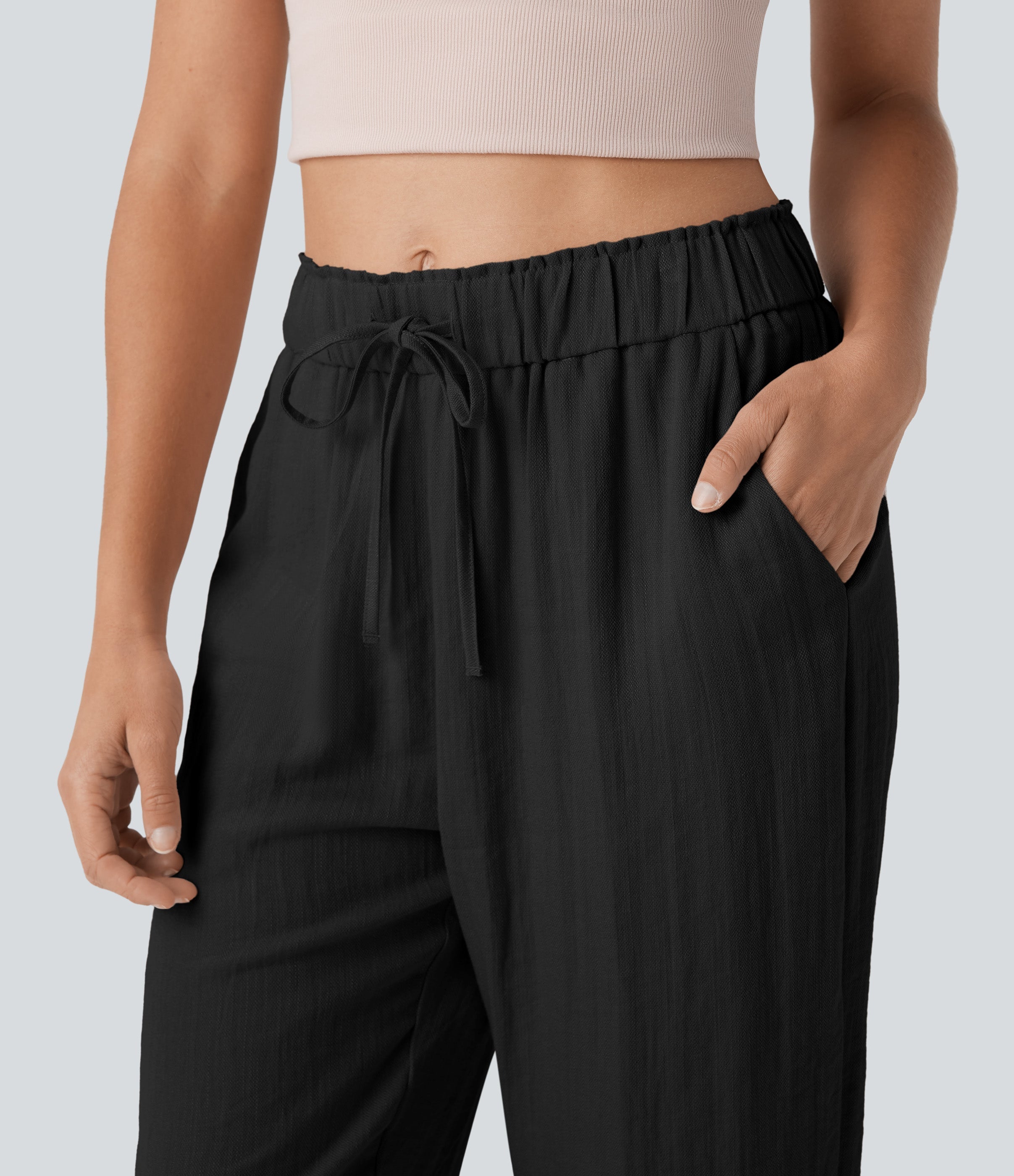 Mid Rise Drawstring Casual Tapered Pants with Pockets