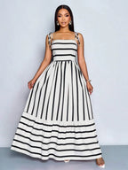 Women's Blue And White Stripe Flowing Maxi Dress,Summer Elegant Holiday Tea Party Holiday,Shoulder Straps Chest Gathering,Beach Casual Gown