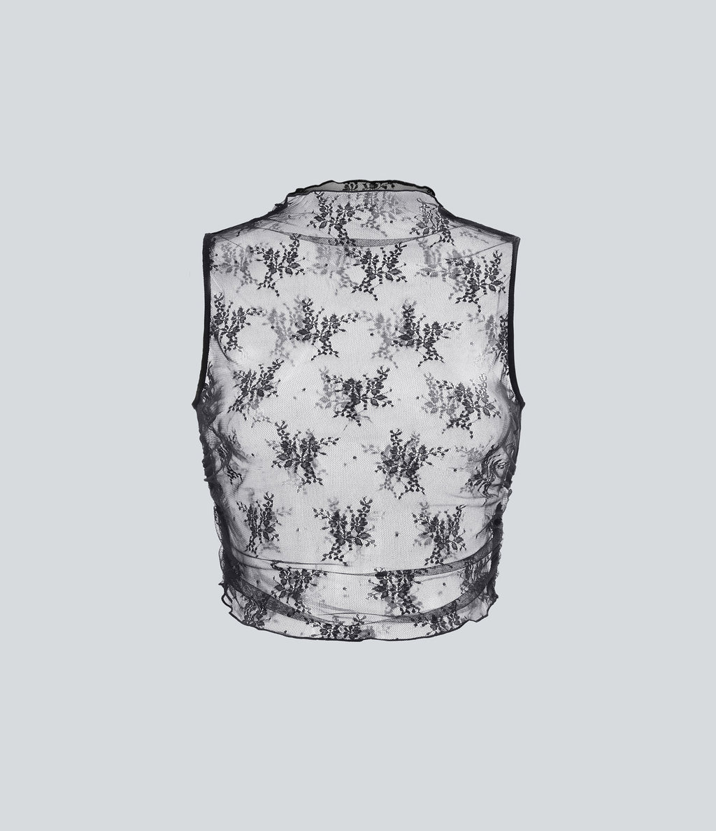 Mock Neck Sleeveless Ruched Cropped Sheer Lace Casual Top